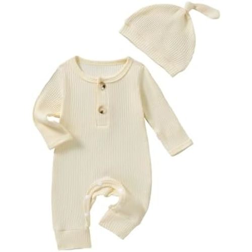 Newborn Baby Boy Girl Clothes Infant One Piece Rompers Solid Ribbed Knit Hat Long Sleeve Clothing Set