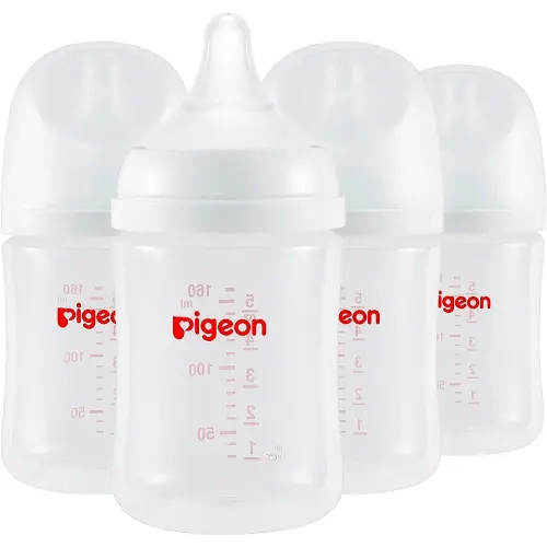 Pigeon PP Nursing Bottle Wide Neck, Anti-Colic, Streamlined Body, Natural Feel, Easy to Clean, 5.4 Oz (Pack of 4), Includes 4pcs SS Nipples (0m+)