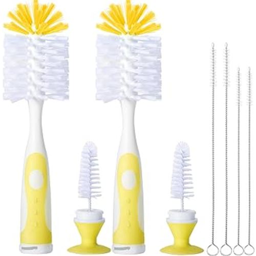 2 Pack Baby Bottle Brush with 4 Pack Straw Brushes, 10.2" Nylon Brushe with Nipple Cleaner and Stand Suction Cup, Yellow