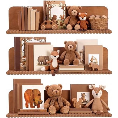 Novabright Nursery Book Shelves for Wall Set of 3, 16 Inch Dark Wood Floating Shelves Organizer with Beaded Design, Bookshelf for Nursery Bedroom Living Room Kitchen