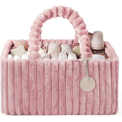 Blissful Diary Flannel Diaper Caddy Organizer, included Gift Packaging, Cozy Nursery Storage Basket, Gift for Baby Shower, Newborn Essentials, Blush Pink