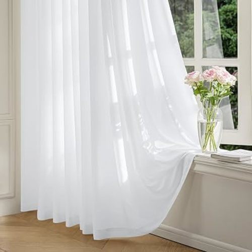 FMFUNCTEX White Sheer Curtains, 90 Inch, Rod Pocket, 2 Panels for Bedroom