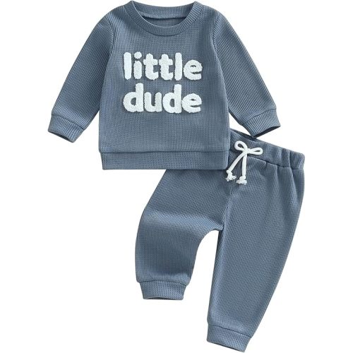 Kupretty Toddler Baby Boy Fall Winter Clothes Embroidery Waffle Knit Sweatshirt Pullover Tops + Casual Pants Outfit Set