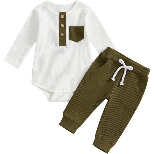 fhutpw Baby Boy Clothes 3 6 12 18 Months Ribbed Knitted Long Sleeve Romper and Pants Sets Newborn Fall Splicing Color Outfits