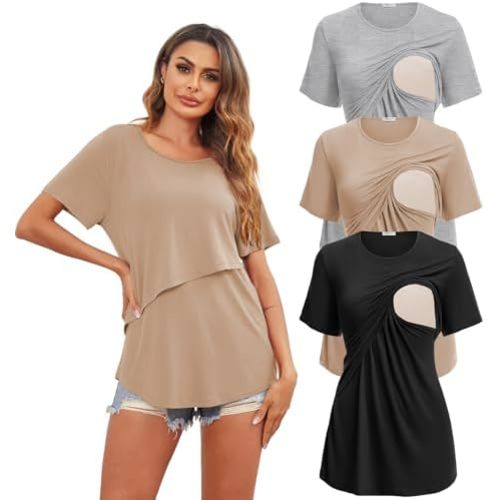 Ekouaer Women's Maternity Shirts Short Sleeves Nursing Tops 3 Pack Double Laye Breastfeeding Tees Pregnancy Clothes S-XXL