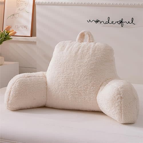 NTBED Sherpa Reading Pillow for Bed Backrest with Arms, Kids Adult Bedrest Pillow Back Support for Sitting Up in Bed Chair Pillow (White,Large)