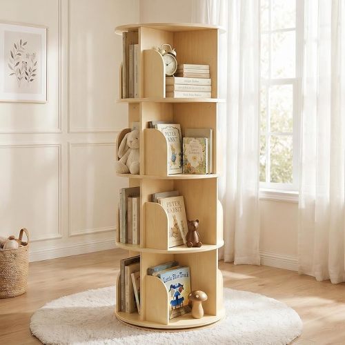 4-Tier Rotating Bookshelf, Wooden Spinning Bookcase with 360° Revolving Storage, Round Book Shelf Organizer for Kids’ Books, Toys, Bedroom, Playroom, Living Room and Reading Corner