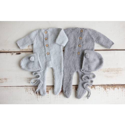 Newborn Alpaca Handmade Knit Footed Romper and Bear bonnet sets Photoshoot Prop