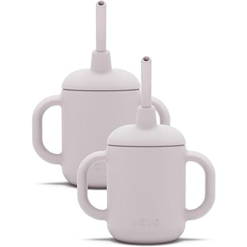 Lalo Little Cup 2-Pack, Non-Toxic Silicone Straw Cup with Handles - Baby and Toddler Sippy Cup - Mini Cup and Straw Training System, 4oz, Lavender