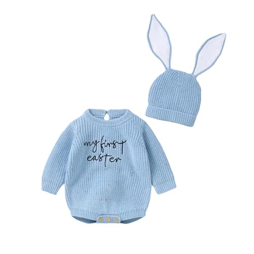 My First Easter Newborn Baby Girl Boy Outfit Long Sleeve Knit Romper Onesie with Bunny Hat Infant Clothes