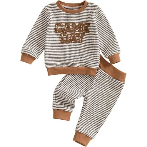 fhutpw Baby Toddler Boy Girl Fall Winter Clothes Embroidery Stripe Pullover Pants Sets Infant Long Sleeve Sweatshirt Outfits
