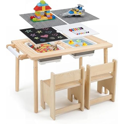 HONEY JOY Sensory Table and Chair Set, Wooden Sand & Water Activity Set w/Adjustable Height, Dual Sided Top, 2 Bins, Paper Roll & 2 Hooks for Art, Study, Craft, Gift for Boys Girls 3+