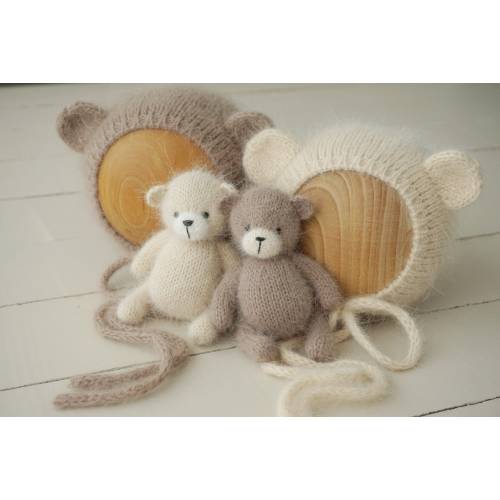 Angora Knit Bear Bonnet and Toy, Newborn Photo Prop