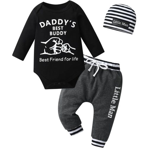 KuKitty Newborn Infant Baby Boy Clothes Long Sleeve Romper + Pants + Hat 3PCS Outfits Set