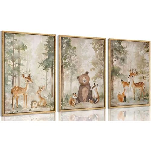 Framed Woodland Animal Nursery Canvas wall art Wild Animals Forest Paintings Pictures Wall Decor Fox Bear Deer Watercolor Poster Print
