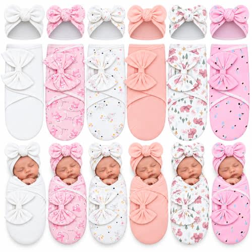 Ramede 6 Pack Baby Swaddle Blankets with Hats,Rosette,Pink | Soft Cotton Wrap for Newborn Boys 0-3 Months, Adjustable Breathable Sleep Sack Set, Skin-comfortable Receiving Blanket