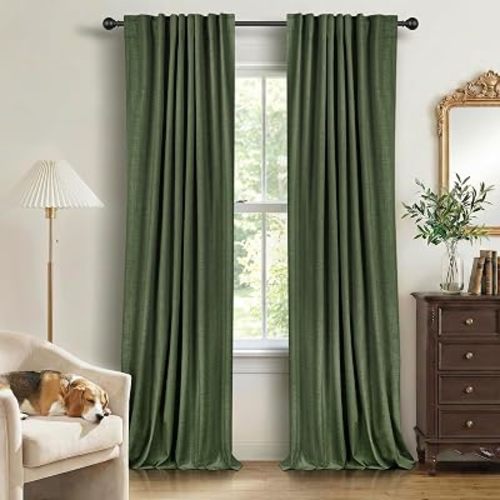 Faux Linen Total Blackout Curtains for Bedroom 84 Inches Long, Moss Green