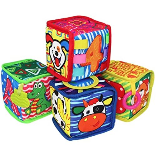 Soft Baby Blocks, Baby Toys 6 to 12 Months, Montessori Toys for Babies 6-12 Months, Cute & Durable Infant Newborn Fabric Blocks with Numbers Alphabets Animals Mirror and Bells