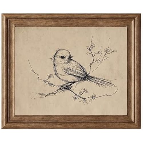 snlpuith Vintage Bird Sketch Wall Art – Minimalist Nature Line Drawing Print – Rustic Farmhouse Beige Autumn Decor – Winter Bird Artwork for Living Room or Bedroom, Unframed (8X10INCH)