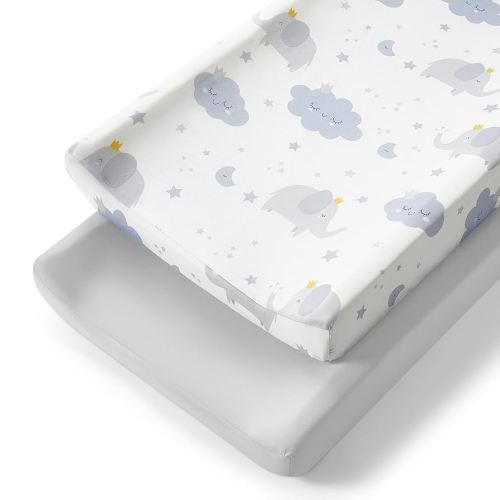 TILLYOU Changing Pad Cover Set in Soft Jersey Material - Fits 32"/34''x16 Contoured Pad for Babies, Elephant & Cloud, Grey