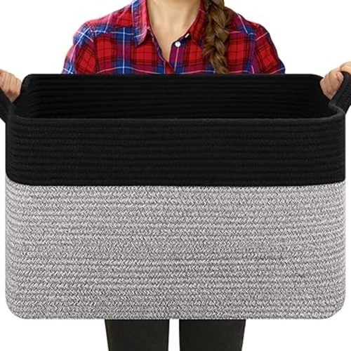 Blanket Basket for Living Room, Woven Cotton Rope Basket for Storage Clothes, Towels, Pillows, Toy Storage Bin for kids with Handles, 20" x 16" x 12", Black and Grey