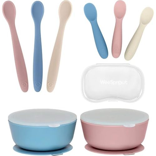 WeeSprout 2 Silicone Suction Bowls, 3 Self Feeding Baby Spoons & 3 Toddler Spoons Bundle - Soft-Tip Utensils Dinnerware - Dishwasher & Microwave Safe - Travel Case Included