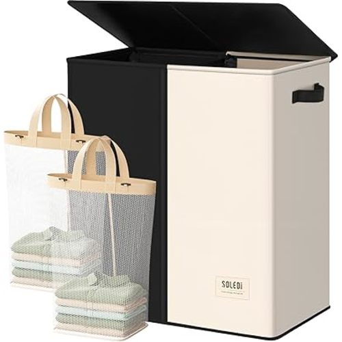 SOLEDI Large Double Laundry Hamper with Lid, Collapsible Clothes Hamper 2 section with Removable Bags, Space-Saving Laundry Basket for Bedroom, Dorm, College