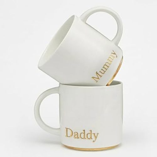 COLLECTIVE HOME - Mom and Dad Mug Set, 2 Pack Gift for Parents Anniversary Wedding Christmas, Gold Foil Lettering Ceramic Coffee Cup Pair (Daddy/Mummy)