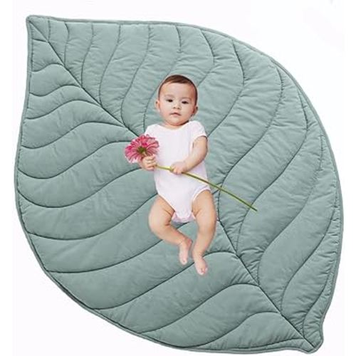 Baby Play Mat, 56"X 42"Inch Large & Thick Reversible Folding Floor Cotton Mat, Leaf Shapes Floor Playpen Mat for Girls and Boys, Baby Soft Crawling Playmat. BPA-Free, Non-Toxic.