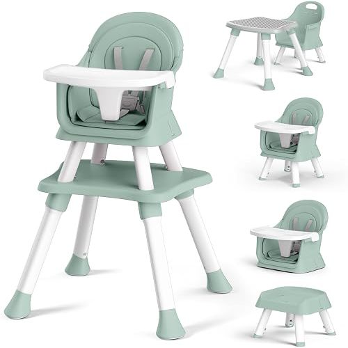 Kinder King 8 in 1 Baby High Chair, Coverts to Dining Booster Seat/Kids Table & Chair Set/Toddler Building Block Table/Kids Stool, Removable Tray & Double Seat Cover, Easy to Wipe, Green & White