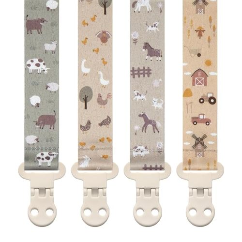 Stadela Baby Pacifier Clip Holder - Girl or Boy Unisex 4 Pack Gift Set – Farm Animals Barn and Tractors Neutral