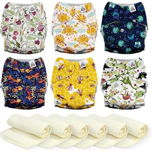 Mama Koala 6 Pack Reusable Cloth Diapers 3.0 for Babies Girls Newborn, One-Size Adjustable Baby Diaper, Durable Stitching, Back Opening for Inserts, Breathable Awj Lining, Leak Prevention-Animals & E