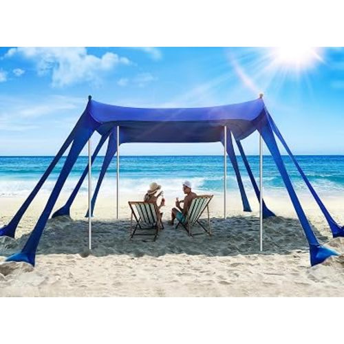 Vibemo Beach Tent, Beach Canopy Sun Shade with UPF50+ UV Protection, 10x10ft, Includes 8 Sandbags, Sand Shovel, Ground Pegs & 4 Stability Poles, Pop Up Sun Shelter for Camping, Picnics, Backyard Fun