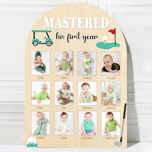 Mastered First Year Photo Board Birthday Party Wooden Board Decorations 12 Monthly Milestone Picture Frame One Year Old Wood Sign 1st Birthday Banner for Baby Keepsake Gift Supply (Fit 2x2.8in Pic)