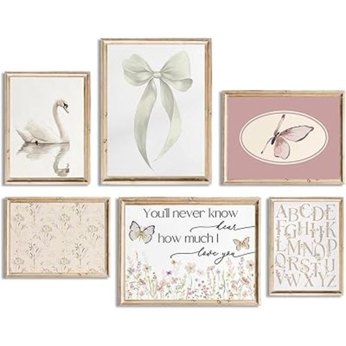 ONEOLTN Girl Nursery Canvas Wall Art Vintage Baby Room Pictures Floral Swan Art Prints Coquette Bow Poster Pink Butterfly Painting Letter Artwork for Girls Nursery Bedroom Decor 12x16Inx6pcs Unframed