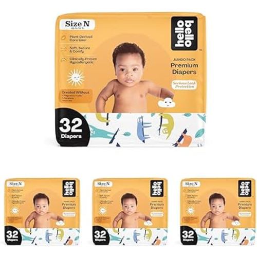Hello Bello Baby Diapers, Newborn | Extra-Absorbent | Hypoallergenic | Sleepy Sloth | 32 Count, Pack of 4