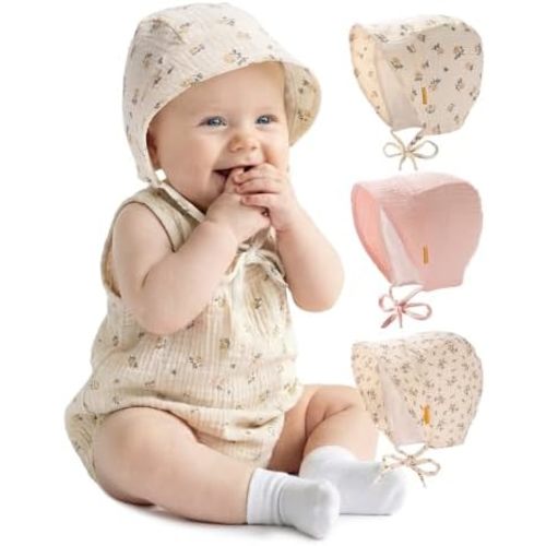 FURTALK Baby Bonnet Muslin Cotton Soft Adjustable Chin Strap for Infant Boys Girls