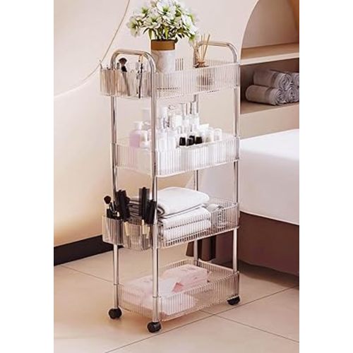 4-Tier Plastic Rolling Utility Cart with Wheels, Multifunctional Storage Organizer Cart for Home, Office, Kitchen & Bathroom, Slim & Transparent, 8.2”W * 13”L * 35.8”H
