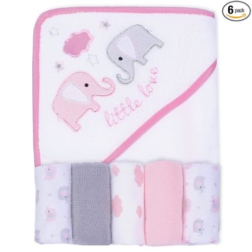 Viviland Baby Towels and Washcloths, Soft Absorbent Pink Baby Bath Towel Set, Elephant Hooded Towels with 5 Infant Face Washcloths (6 Pieces)