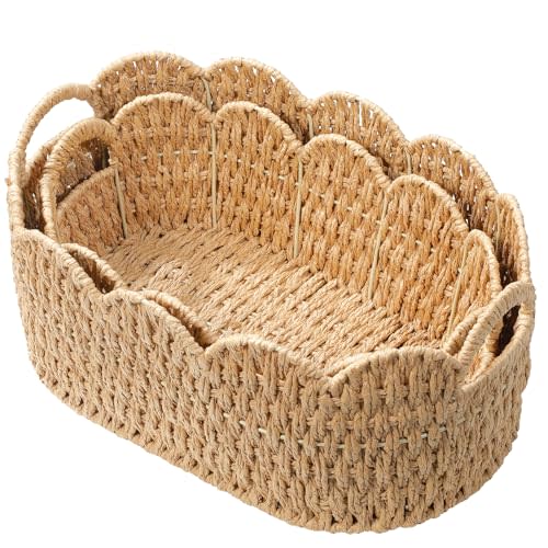 Coeusy Paper Rope Scalloped Basket Set of 2,Woven Storage Baskets for Shelves,Laundry,Towels,Clothes,Books,Toys,Cute Decor Baskets for Organizing,Natural Color