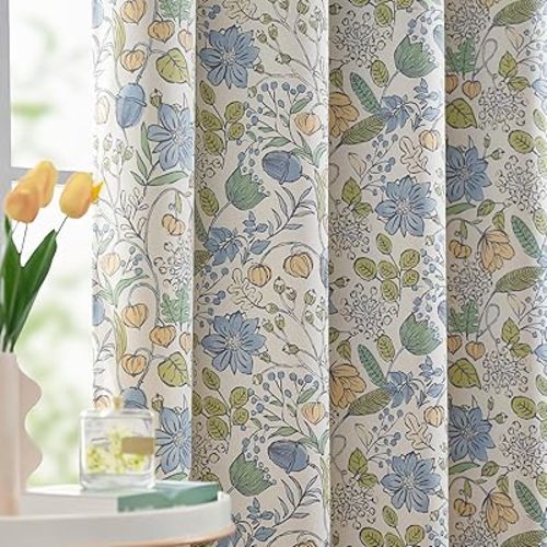 jinchan Nursery Curtains 95% Blackout Blue Floral Curtains for Kids Room, 84 Inch Length Farmhouse Drapes for Bedroom Living Room Darkening Window Treatment Grommet Top Set of 2 Panels
