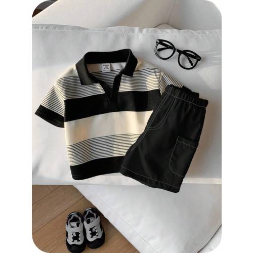 SHEIN 2pcs Baby Boy Casual Striped Polo Shirt And White Shorts Set, Suitable For Birthday Party, Evening Party, Wedding, Baby Shower, 1st Birthday Celebration And Other Occasions Baby Boy Summer Set Baby Boy Striped Polo Shirt And Shorts Set Black And Whi