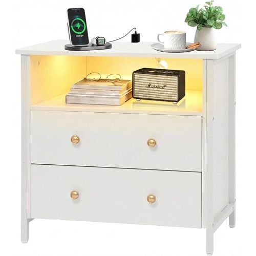 27 Inch Wide Night Stand, Large Wood Night Stand with 2 Drawers, LED Nightstand with Charging Station and Adjustable Drawer, Bedside Table for Living Room/Bedroom/Study/Office, White.