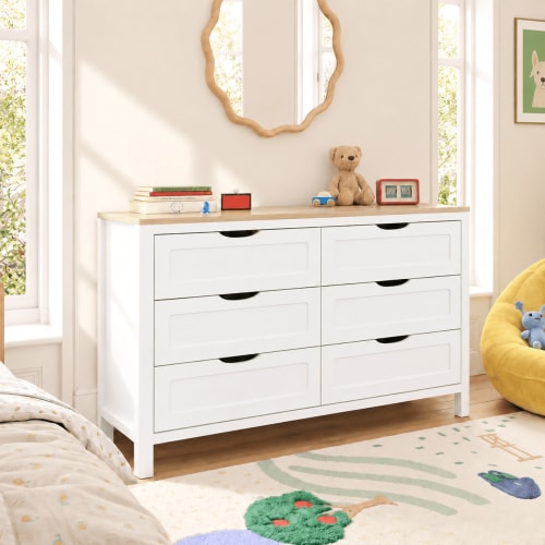 Treocho Farmhouse 6 Drawer Dresser for Bedroom, 47'' Wide with Hidden Handles, Wooden, White