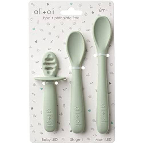Ali+Oli (3pc) Silicone Spoon Set for Baby (Pine) Unbreakable Baby Spoons, Self Feeding Utensils, Multi-stage Design, Ergonomic Handle