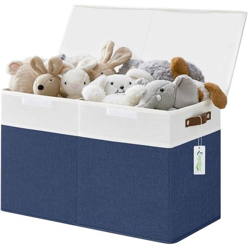 Large Toy Storage Box with Lids, Collapsible Sturdy Baby Storage Organizer Chest Bin Basket for Kids, Boys, Girls, Playroom, Nursery, Bedroom, Closet 25"x13"x16" (Navy Blue and White)
