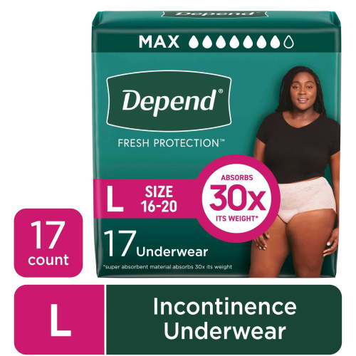 Depend Fresh Protection Incontinence Underwear for Women, Adult Diapers, L, 17 Count