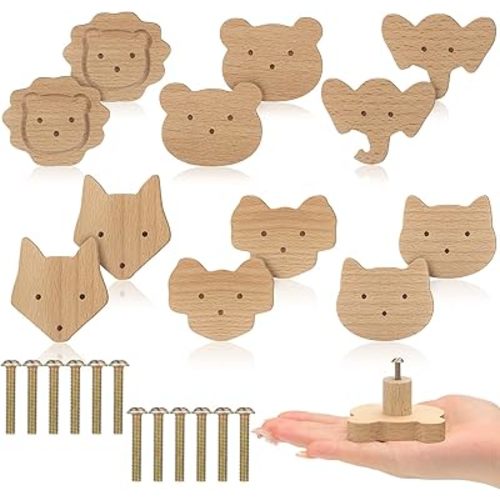 Qunclay 12 Set Wooden Animal Dresser Knobs Decorative Nursery Wood Drawer Pulls with Screws Furniture Pulls Handles for Nursery Home Bedroom Kitchen Cabinets Hardware Cupboard (Cute)