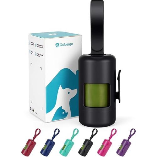 Gobeigo Dog Poop Bag Holder【Convenient Hook for Used Bags】【Silicone Strap Fits Any Leash】【Large Opening for Easy Dispensing】with 1 Roll Waste Bags (Blue)