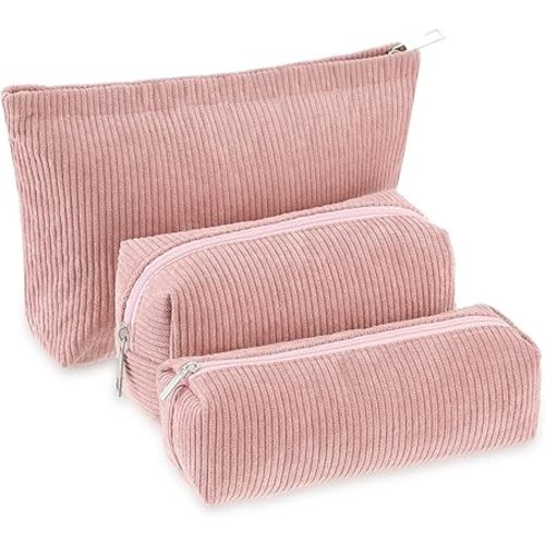 Huhumy 3 Pcs Corduroy Makeup Bag Set for Women, Pink, Solid Style